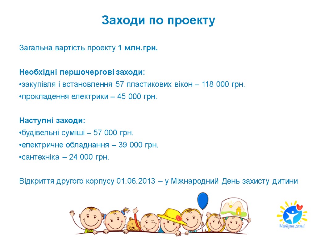 Заходи по проекту Загальна вартість проекту 1 млн.грн. Необхідні першочергові заходи: закупівля і встановлення